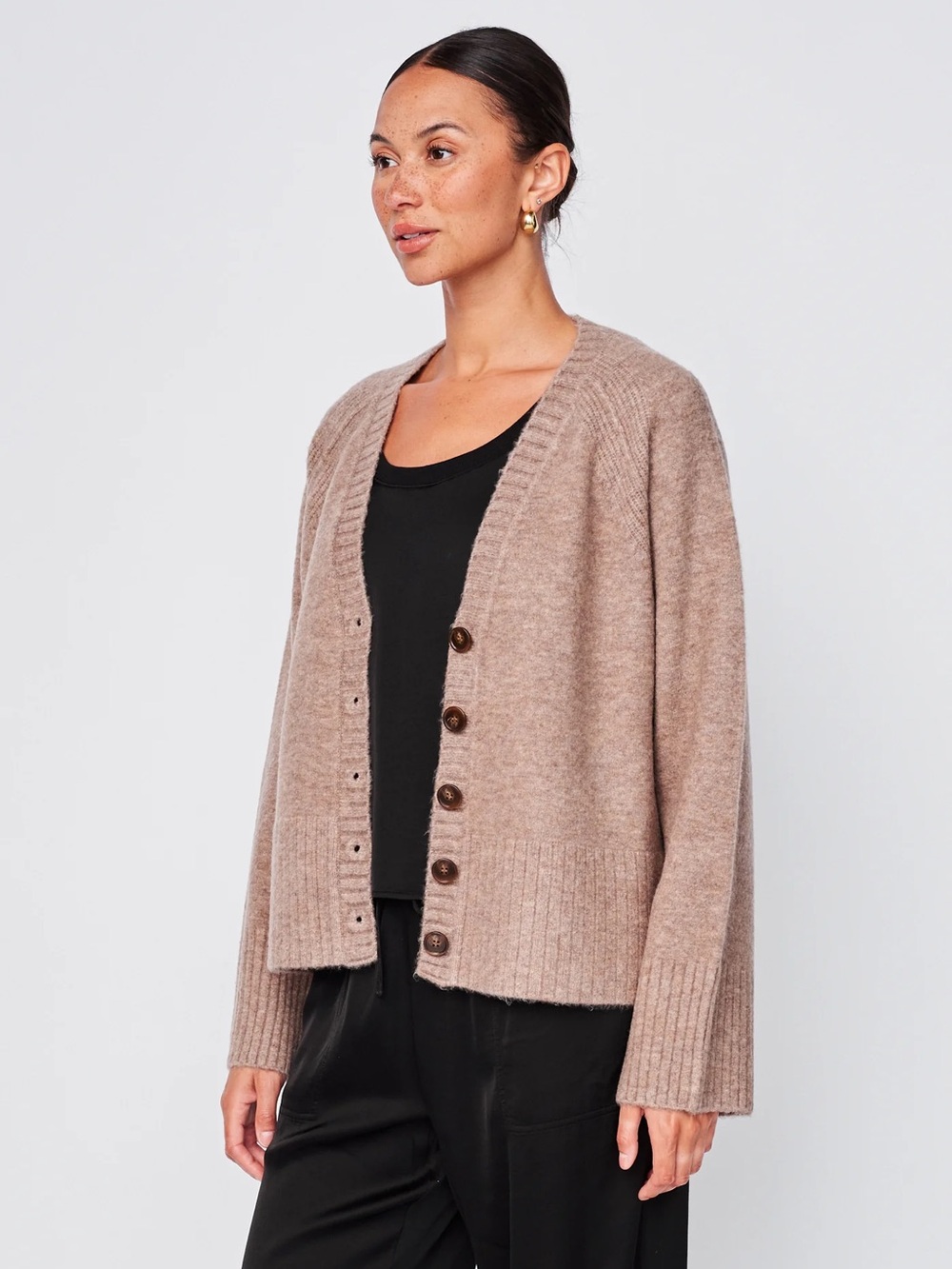 Stateside Cozy V-Neck Button Front Cardigan - Taupe